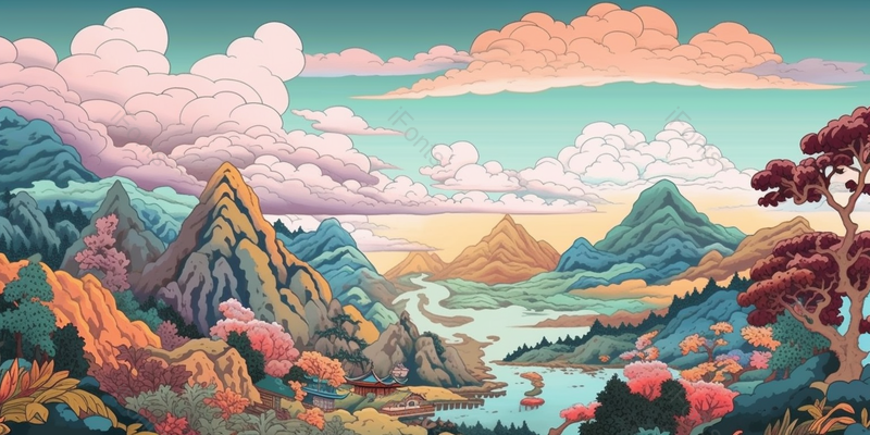 国潮风山水祥云和山峰松树树木溪流水流古风插画,插画/手绘图,插画/手绘图库,插画/手绘图下载,插画/手绘